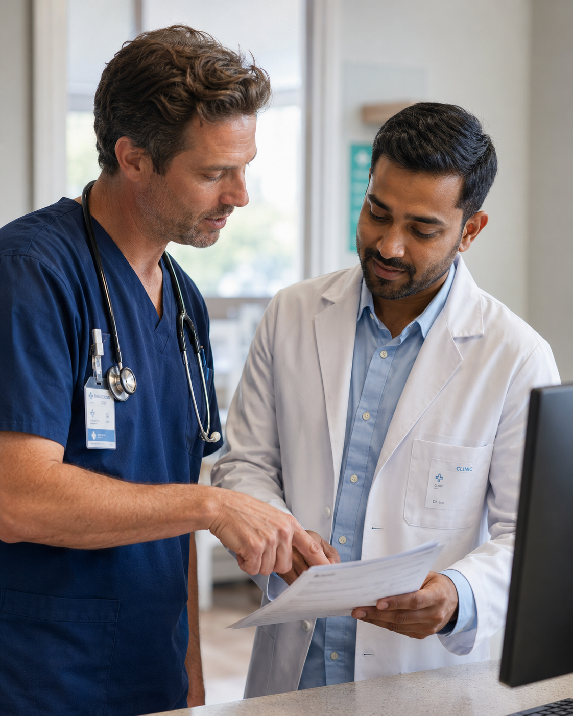 Two male doctors in a modern hospital reviewing a chart together as professional peers